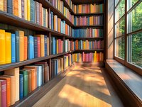 Colorful books arranged on wooden library shelves near window with natural sunlight casting shadows on hardwood floor, creating cozy reading atmosphere.