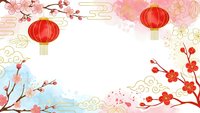 Chinese New Year background with red lanterns, cherry blossoms, plum flowers and traditional clouds. Festive Asian celebration frame for greeting cards.