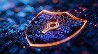 Glowing orange shield with key icon on circuit board background represents cybersecurity and digital data protection in modern technology environment.