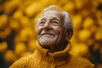 Cheerful senior man in yellow turtleneck sweater smiling and looking up against autumn background with warm golden bokeh lighting effect. Concept of active aging and joy.