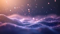 Abstract glowing particles flow in waves against dark background with bokeh light effects creating dreamy cosmic atmosphere for technology and science designs.