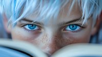 Close up portrait showing intense bright blue eyes and scattered freckles across nose bridge, peeking above open book pages in dramatic lighting with soft focus background.