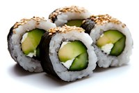 Fresh cucumber and cream cheese sushi rolls topped with sesame seeds on white background, close-up view showing texture and layers of traditional maki.