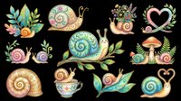 Snails with floral and botanical elements isolated on transparent background, ready for t-shirt design, clipart, stickers, sublimation, and print-on-demand projects.