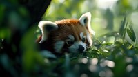 Red panda peering through green foliage in natural habitat, close-up portrait showing distinctive facial features and fur against blurred forest background.