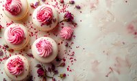 Pink frosted macarons with rose petals scattered on light background, decorated with swirled buttercream and floral elements creating romantic dessert composition.