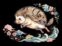Decorative hedgehog with ornamental floral elements and flowing wave patterns, isolated on transparent background. Ready for t-shirt design, stickers, clipart, sublimation, and print-on-demand products.