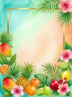 Watercolor tropical fruit frame with pineapple, mango, pomegranate, citrus, palm leaves, and hibiscus flowers on a teal and peach background.