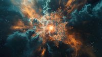Dramatic cosmic explosion with vibrant orange and teal nebula clouds swirling in deep space, stars scattered across dark universe background.