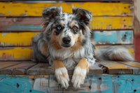 Australian shepherd mix dog with blue merle coat lying on rustic wooden bench against colorful yellow and turquoise weathered background.