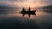 Silhouetted couple in rowboat on calm misty lake at sunrise, surrounded by forested mountains and reflected golden light, peaceful morning scene for travel and lifestyle content.