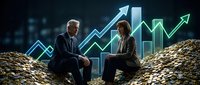 Two senior businessmen discussing financial strategy while sitting on piles of gold coins with glowing upward trending charts and arrows in background.