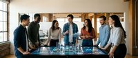 Diverse business team collaborating around interactive digital table in modern office workspace for strategic planning and project development.