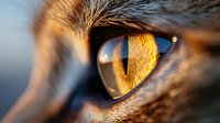 Close-up macro shot of cat eye with golden iris and detailed fur texture in warm sunlight creating dramatic lighting and shallow depth of field.