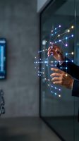 Businessman hands manipulating glowing network connections in modern office environment showcasing digital transformation and connectivity solutions.