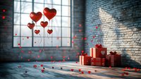 Red heart balloons floating above gift boxes in rustic brick room with window light, rose petals scattered on wooden floor creating romantic Valentine atmosphere.