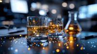 Whiskey glasses with golden reflections on dark table against blurred bokeh lights background, creating luxurious atmosphere for premium spirits advertising.