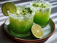 Fresh green lime cocktails with salt rim and herb garnish served on ceramic plate, refreshing summer beverage for parties or restaurants.