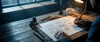 Architect reviewing blueprints and construction plans at wooden desk with coffee cup, drafting tools, and natural light from window in modern office workspace.