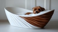 Small Yorkshire Terrier puppy resting in modern curved white and wooden pet bed against light wall, showcasing contemporary pet furniture design.
