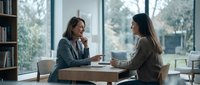 Young woman with long dark hair and medium complexion in business casual attire having professional conversation with colleague at wooden table in modern office with large windows and natural light.