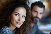 Mixed race woman with curly hair and natural makeup smiling at camera while bearded man in background creates professional business atmosphere in office setting.