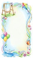 Watercolor spring frame with swing, kite, balloons, paper boat and butterfly. Decorative border for children events, invitations and greeting cards.