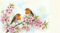 Two robins perched on blooming cherry blossom branches, soft watercolor style with pastel pink flowers and green leaves on light background.