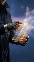 Man in tactical gear manipulating holographic interface with glowing geometric patterns against blue sky background for futuristic technology concepts.