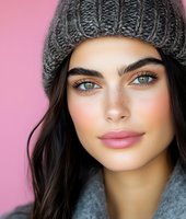 Close up portrait of young Caucasian woman with green eyes wearing gray knit beanie and scarf against pink background, natural makeup and soft smile.