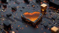 Heart shaped electronic component on dark circuit board with orange glowing particles and microchips, macro photography showing technology and romance concept.