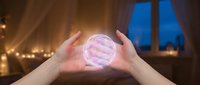 Hands holding glowing pink brain hologram in cozy evening room with warm lights and window view for neuroscience technology and mental health concepts.