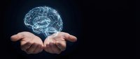 Digital brain hologram floating above open hands against dark background representing artificial intelligence and neural network technology.