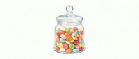 Colorful candy balls in clear glass jar with lid on white background, isolated design element for confectionery, retail, and bakery graphics.