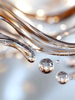 Flowing liquid with water droplets and bubbles against soft bokeh background, creating elegant abstract composition for cosmetic advertising.