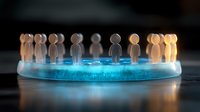 Wooden figures standing in circle on glowing blue platform representing teamwork, unity and collaboration in business environment.