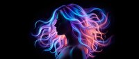 Neon glowing woman silhouette with flowing hair in vibrant blue and pink colors on black background for digital art and creative projects.