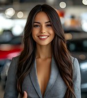 Young professional woman with long dark hair and bright smile wearing grey blazer in modern office setting with bokeh background lighting effects.