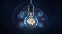 Glowing light bulb with brain inside surrounded by scientific symbols and gears on dark blue background representing innovation and creative thinking.