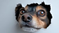 Small dog with tan and black markings peering through torn white paper hole, curious expression with bright eyes, isolated on white background for design use.