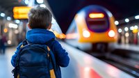 Young boy with backpack waiting at train station platform at night as modern passenger train approaches, creating atmospheric bokeh lights scene.