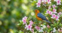 Small colorful songbird with orange breast and blue wings perched on blooming pink flower branch in spring garden with soft green bokeh background.
