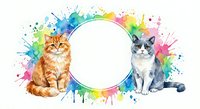 Two adorable kittens sitting beside blank circle frame with vibrant watercolor paint splashes in rainbow colors on white background for design projects.