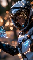 Futuristic robot in white armor with glowing blue elements against dark background with bokeh lights, reflective helmet visor showing magical particle effects.