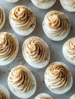 Deviled eggs topped with creamy mustard filling and paprika garnish, arranged on light surface for appetizer or party food styling.