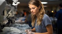 Young Caucasian female nurse in blue scrubs concentrating while working night shift in hospital intensive care unit, monitoring patient vital signs at medical station.