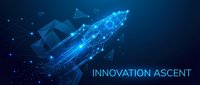 Glowing wireframe rocket launching upward on dark blue background with geometric shapes and Innovation Ascent text, symbolizing startup growth.