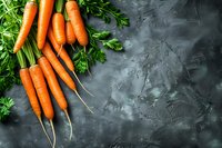 Fresh organic carrots with green tops on dark concrete background, raw vegetables for healthy eating and cooking. Copy space for text.