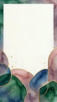 Watercolor abstract background with flowing organic shapes in emerald, navy, mauve, and rose tones accented with gold splatter details. Isolated on cream background, ready for invitations, greeting cards, and design projects.