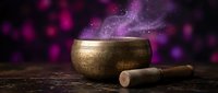 Golden singing bowl with wooden mallet on rustic surface against mystical purple cosmic background with sparkling lights and nebula effects.